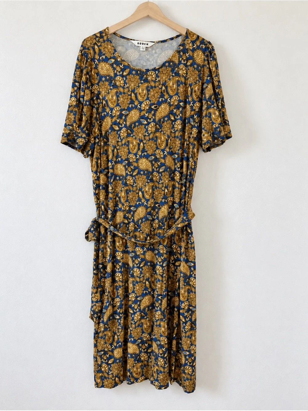 Boden Blue Yellow Paisley Dress 14L Short Sleeve Stretch Viscose Belted Jersey